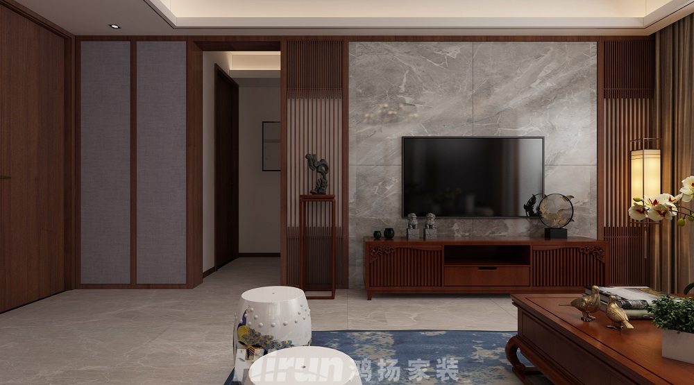 北辰三角洲130㎡復(fù)合寫意三居室 裝修案例效果圖-電視背景角度01