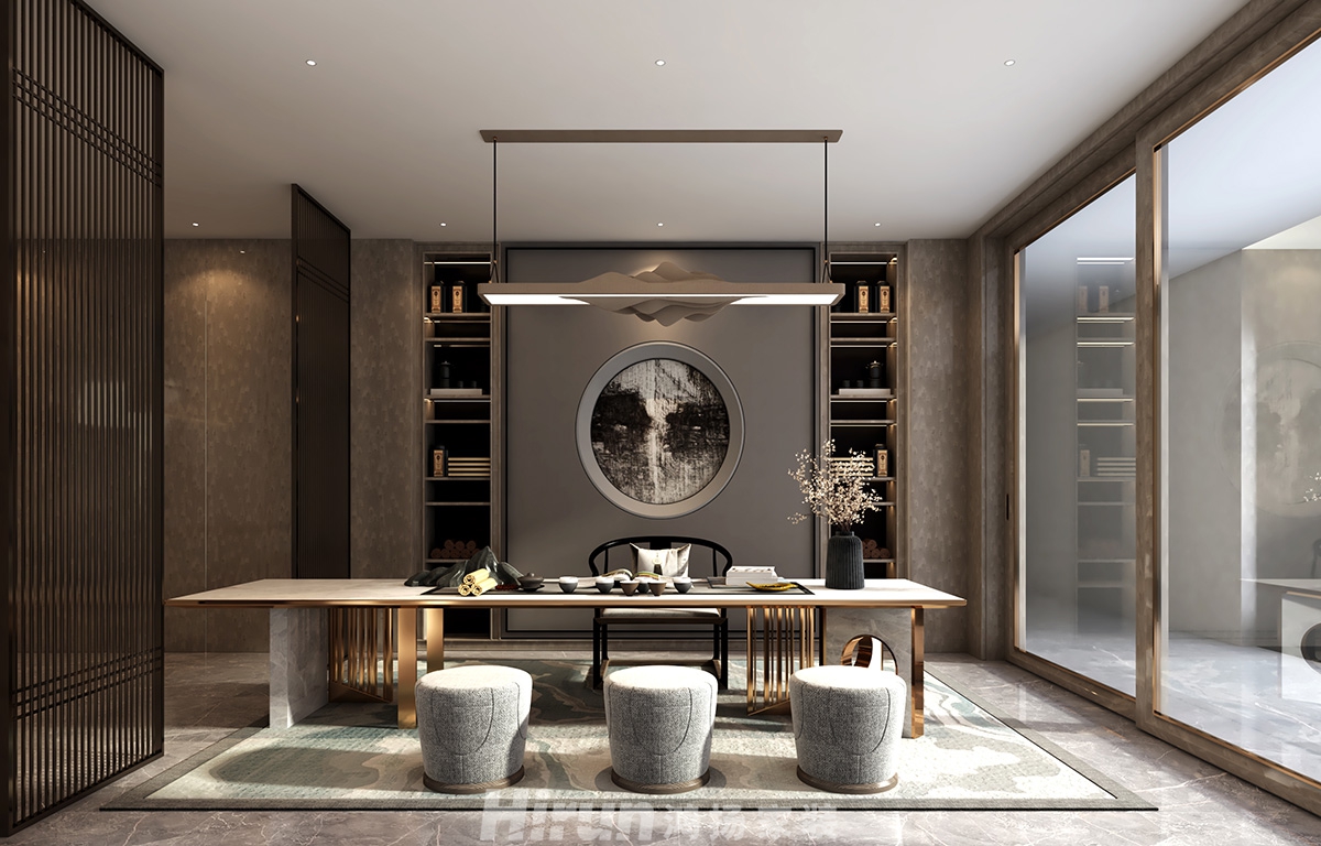 致地龍熙臺400㎡意境東方別墅 裝修案例效果圖-負二樓品茶區