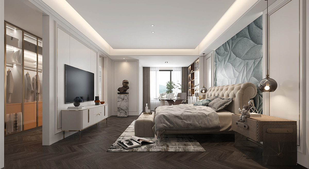 碧桂園280㎡新裝飾主義復式 裝修案例效果圖-16-3F主臥室側-白色