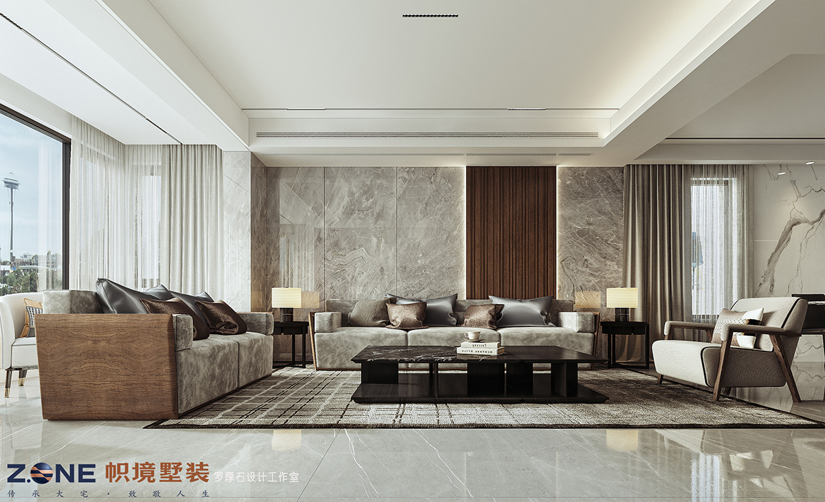 萬科紫臺260㎡雅致現(xiàn)代大平層 裝修案例效果圖-3一層客廳2水印