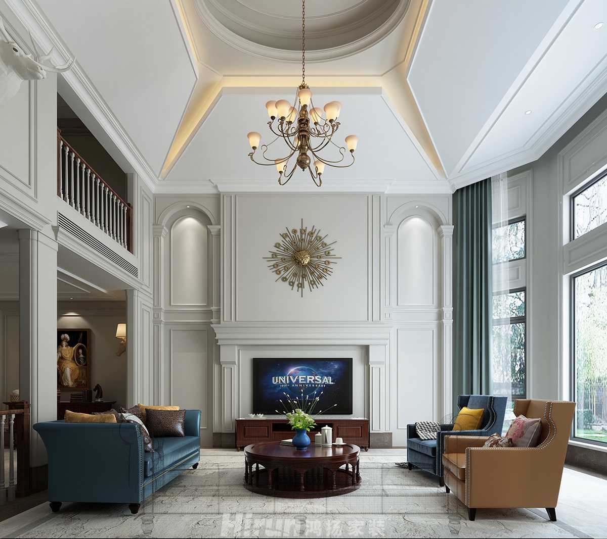 保利朗峰400㎡輕歐簡美別墅 裝修案例效果圖-002電視背景