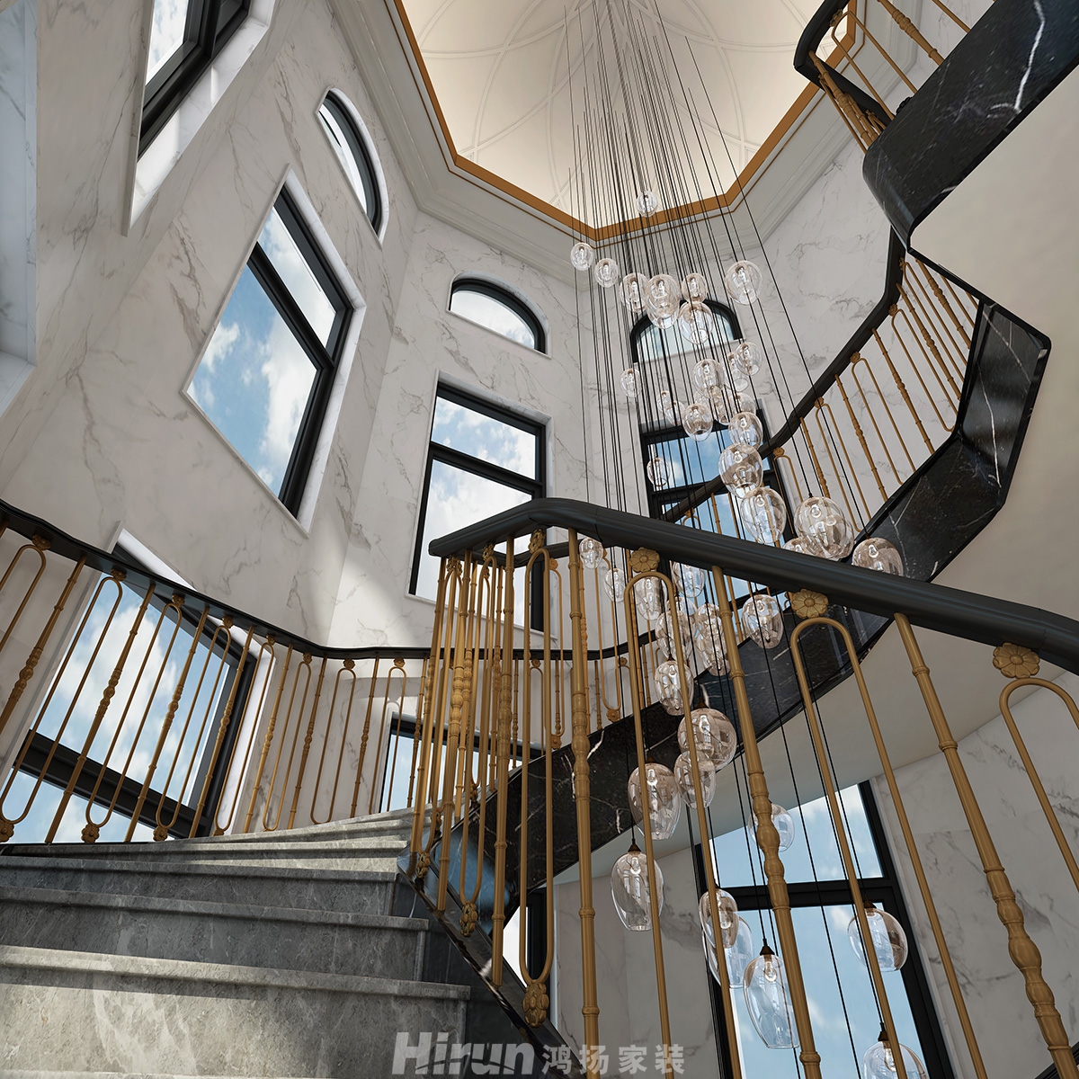 深業堤亞納灣600㎡新裝飾主義別墅 裝修案例效果圖-樓梯間