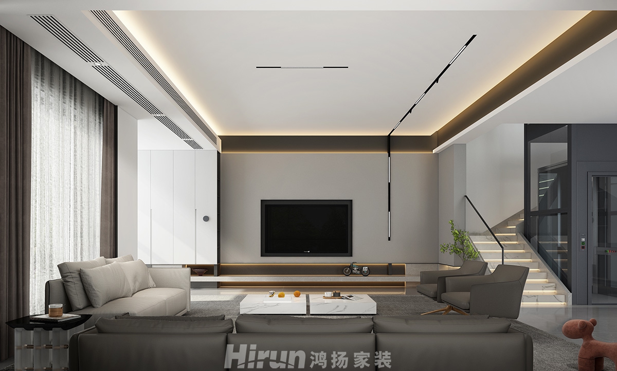 長房梅溪香山400㎡雅致現(xiàn)代別墅 裝修案例效果圖-6電視背景