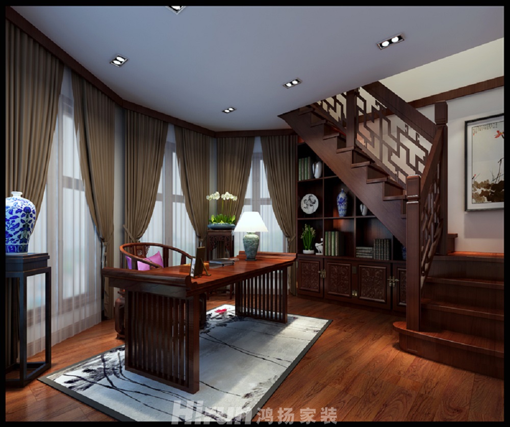 碧桂園水藍天15號690㎡東方古雅別墅 裝修案例效果圖-三層書房圖