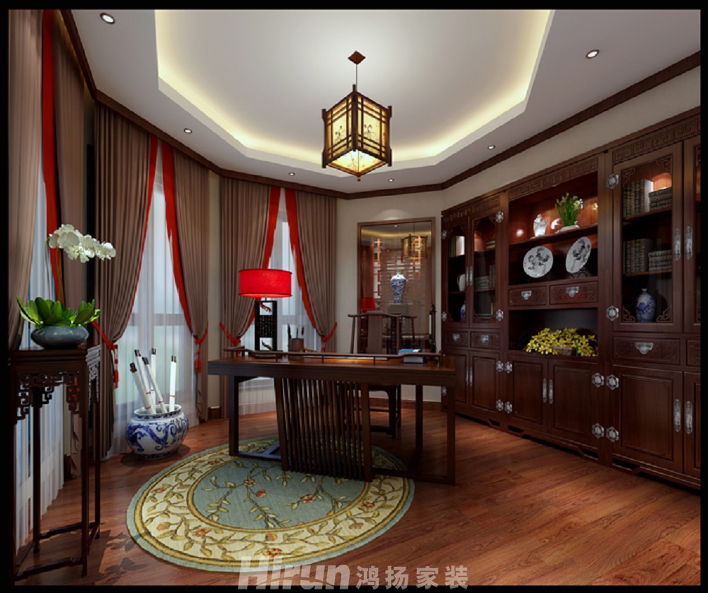 碧桂園水藍天15號690㎡東方古雅別墅 裝修案例效果圖-二層主臥書房圖副本