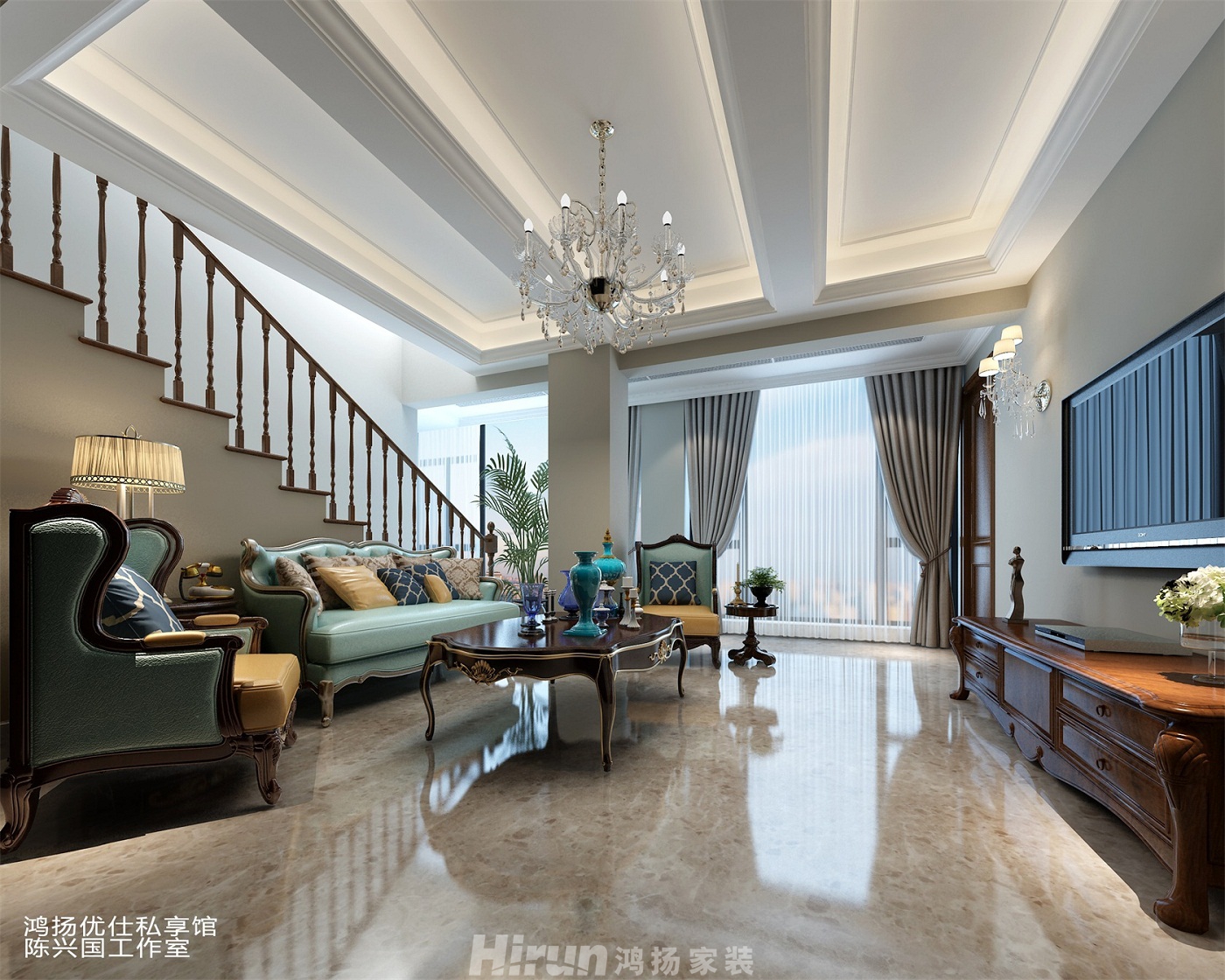 海爾鴻璽260㎡歐美香頌復式 裝修案例效果圖-7