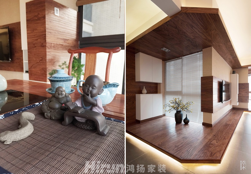 長房白沙灣160㎡寫意木構四居室 裝修案例效果圖-茶室及門廳