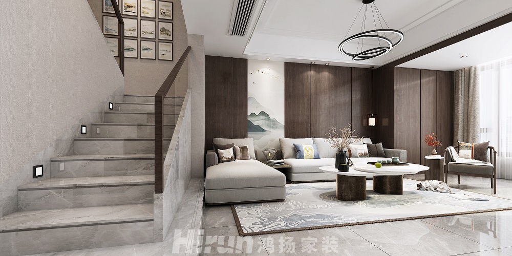 當(dāng)代上品灣320㎡復(fù)合寫意疊墅 裝修案例效果圖-3.客廳