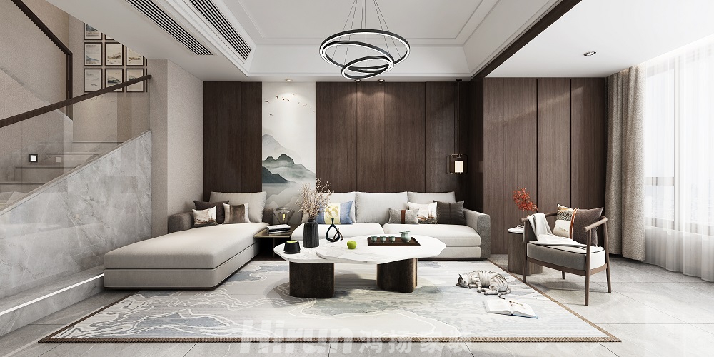 當(dāng)代上品灣320㎡復(fù)合寫意疊墅 裝修案例效果圖-3.沙發(fā)背景墻