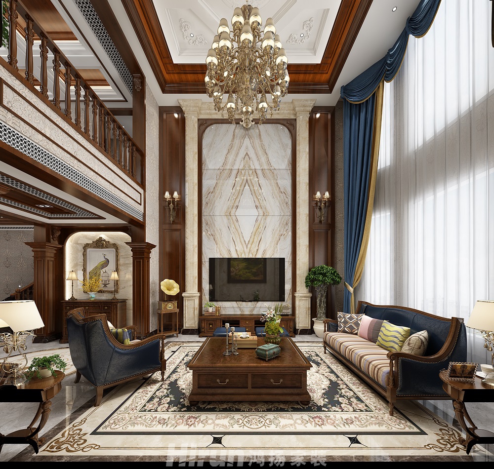 保利中央公園450㎡歐美香頌別墅 裝修案例效果圖-2-1F電視墻