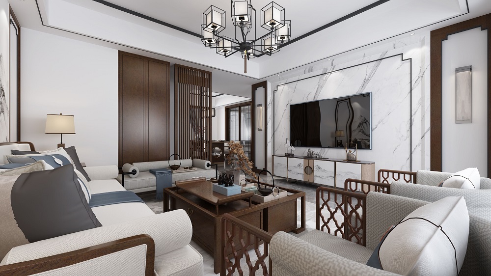 金霞美墅御園136㎡復(fù)合寫意四居室 裝修案例效果圖-客廳電視背景