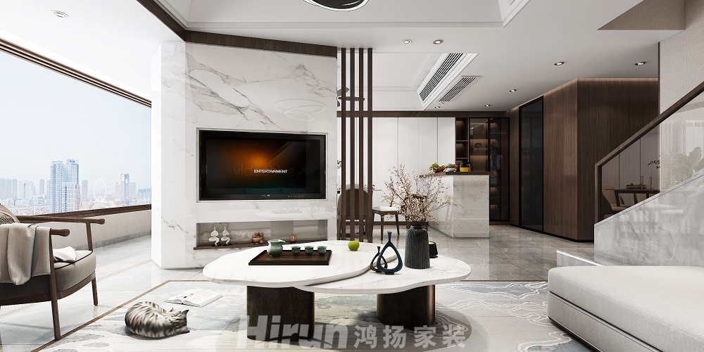 當(dāng)代上品灣320㎡復(fù)合寫意疊墅 裝修案例效果圖-7.電視背景墻