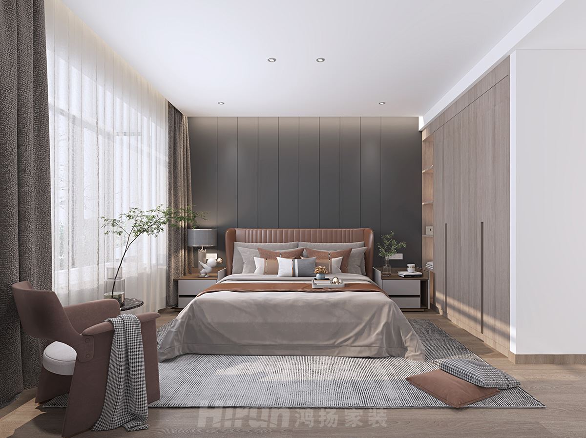 金時(shí)花園167㎡北歐之光三居室 裝修案例效果圖-主臥室(1)