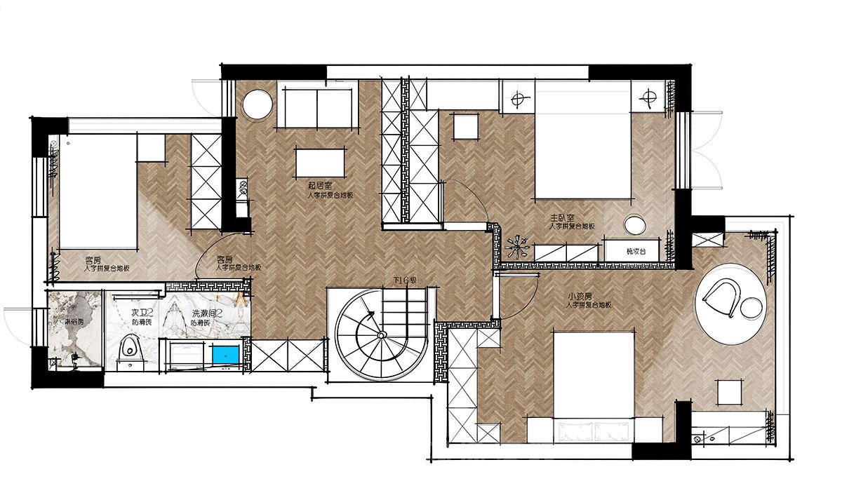 大唐印象160㎡雅致現代四居室 裝修案例效果圖-01