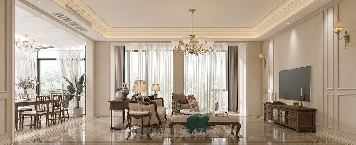 恒基旭輝湖山賦400㎡輕歐簡美別墅 裝修案例效果圖-一樓客餐廳