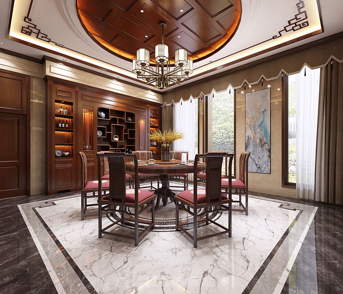 自建別墅500㎡東方古雅別墅 裝修案例效果圖-餐廳(1)