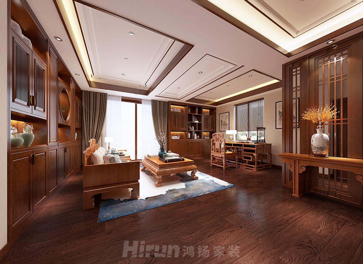 自建別墅500㎡東方古雅別墅 裝修案例效果圖-書(shū)房(2)