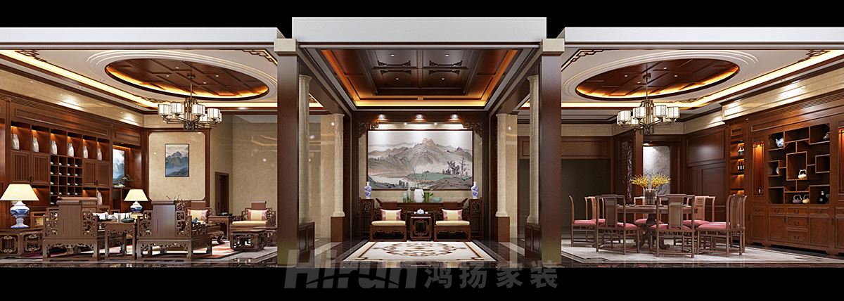 自建別墅500㎡東方古雅別墅 裝修案例效果圖-全景