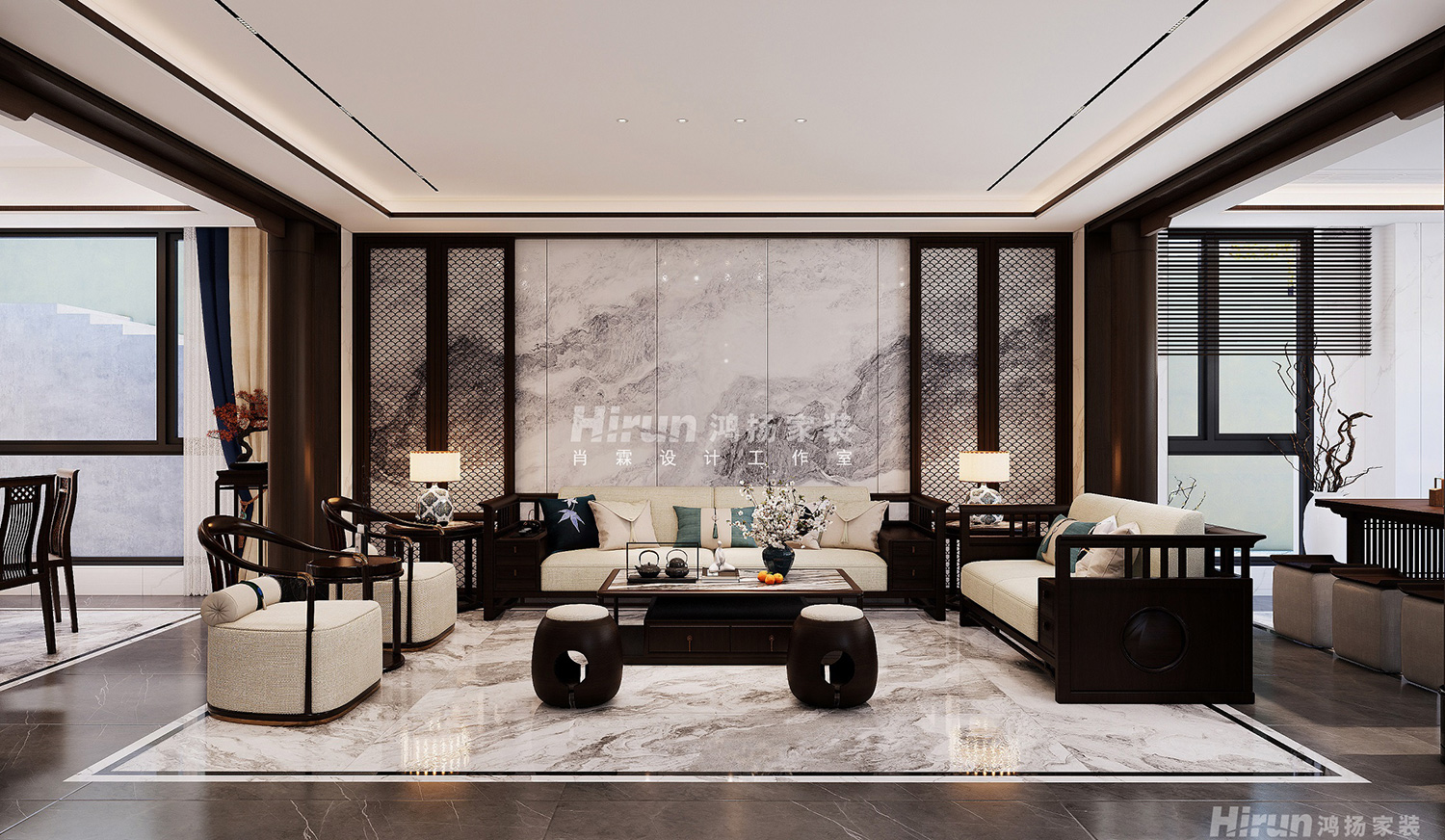 中央小鎮(zhèn)300㎡復(fù)合寫意別墅 裝修案例效果圖-3