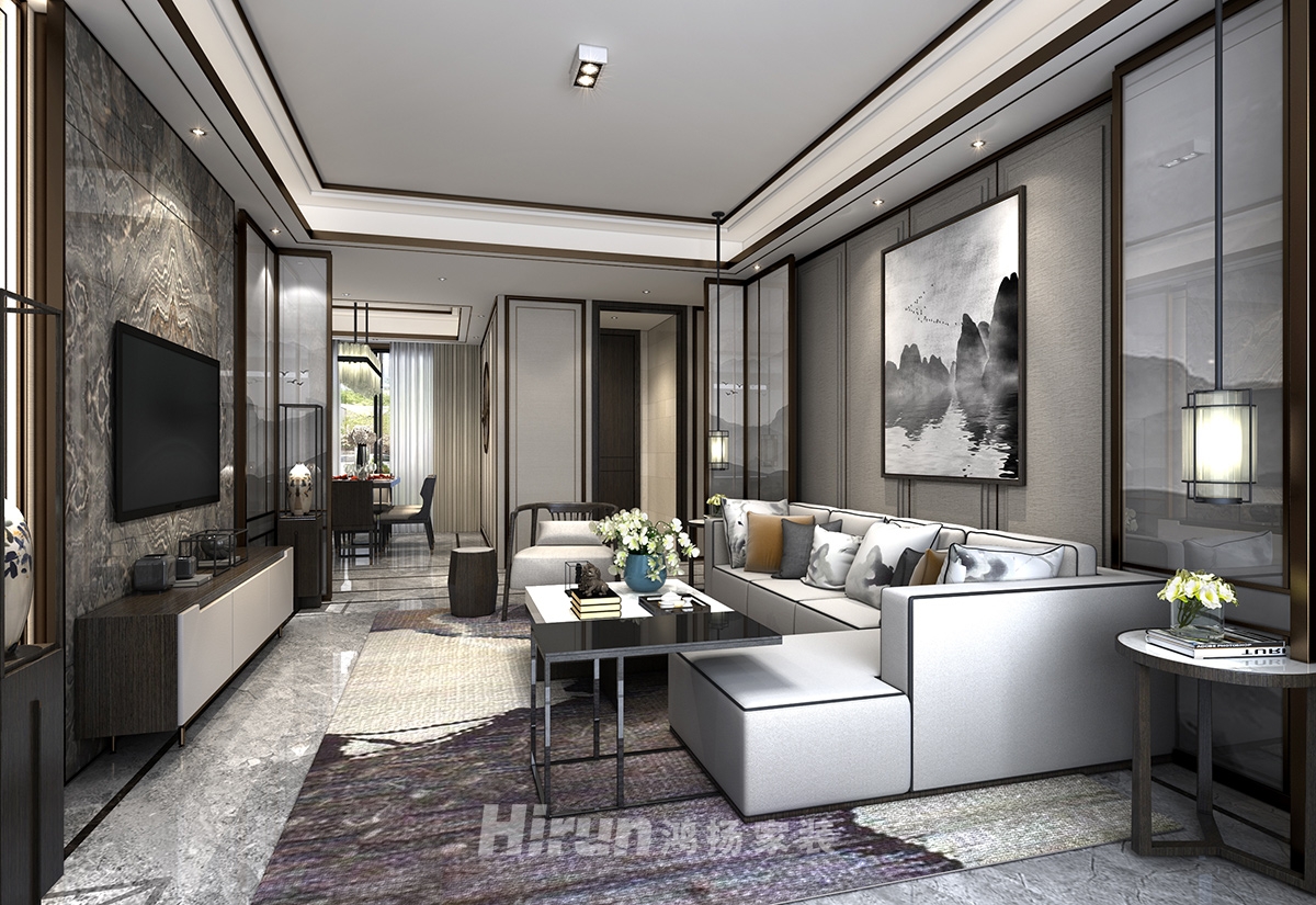 融創(chuàng)提香藍(lán)岸136㎡意境東方三居室 裝修案例效果圖-1