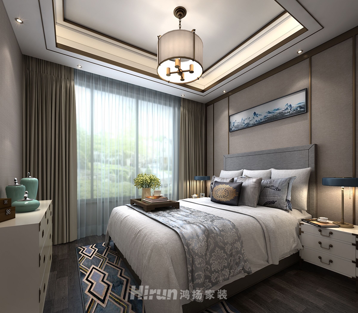 融創(chuàng)提香藍(lán)岸136㎡意境東方三居室 裝修案例效果圖-3